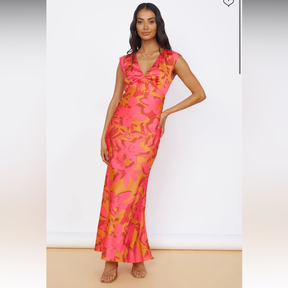 Pink and Orange Floral Satin Maxi Dress